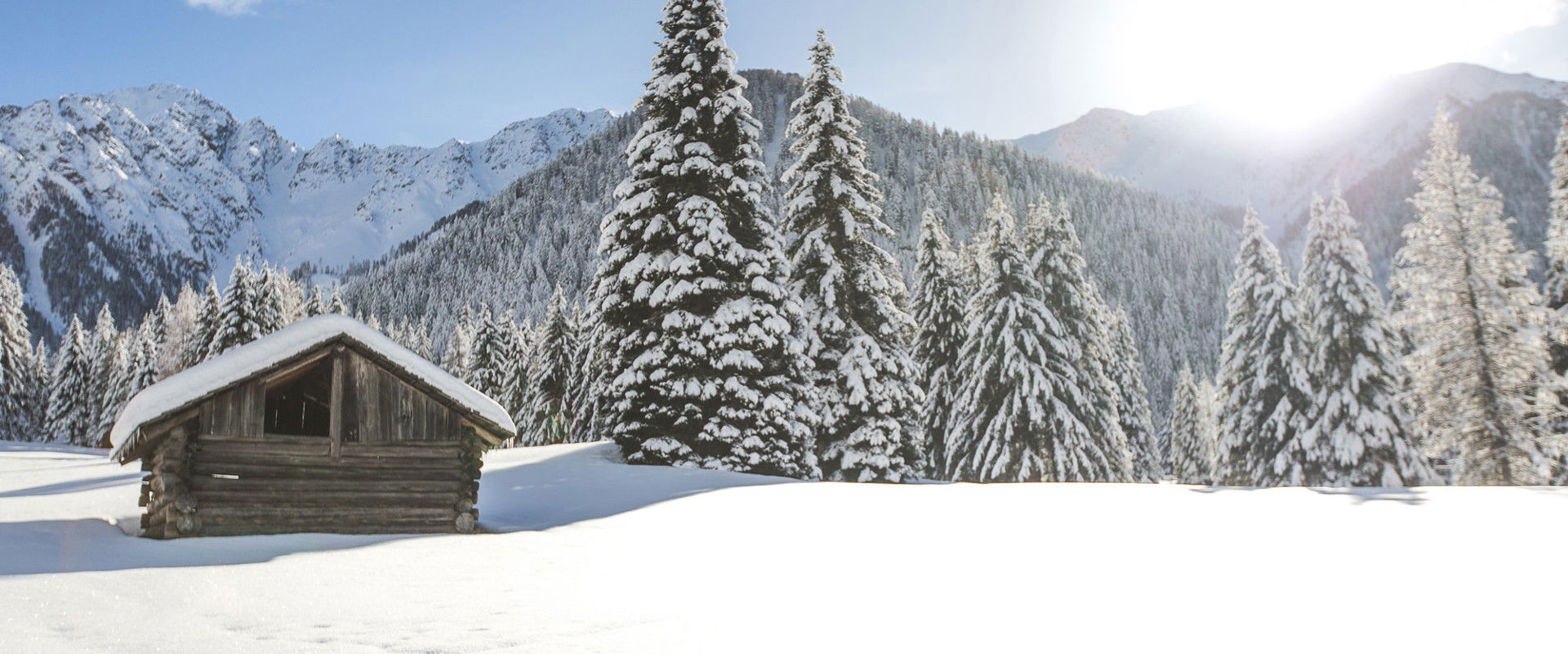 Paesaggio invernale Rifugio e bosco innevato.