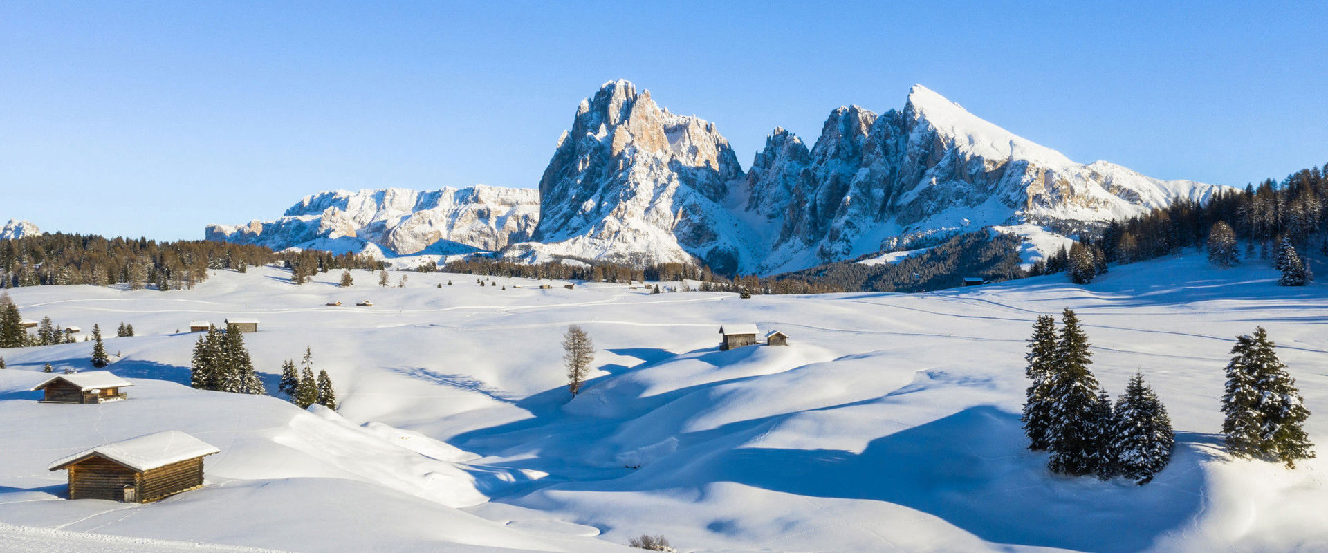 Vista sull'Alpe di Siusi ricoperta di neve d'inverno.