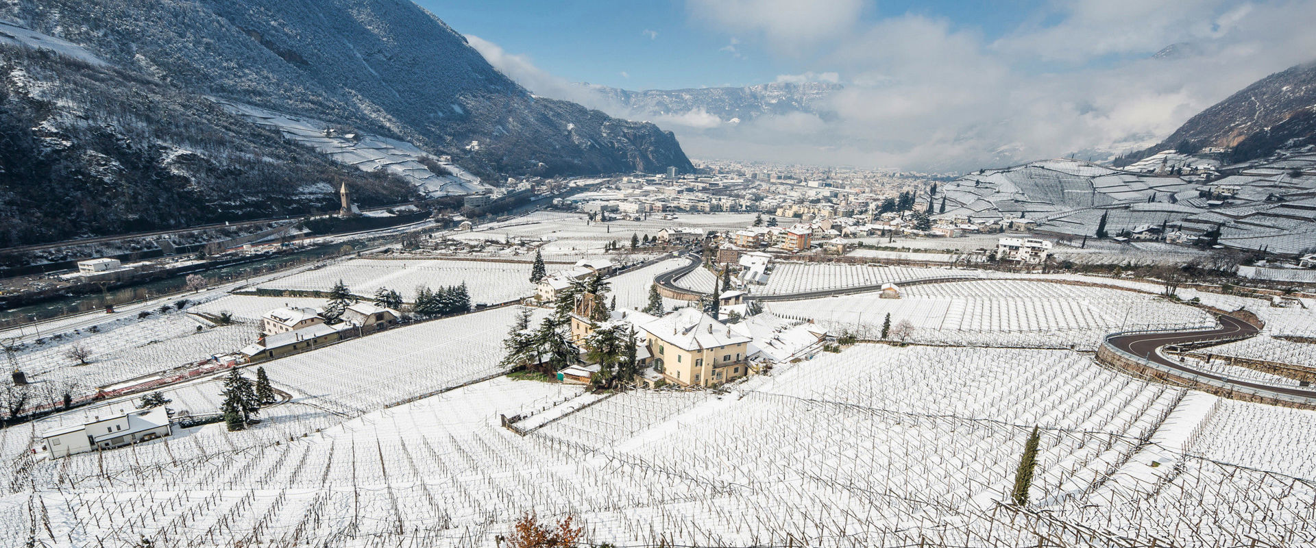 Bolzano & dintorni Residenza vicino a Bolzano con vigneti ricoperti di neve e nuvole basse