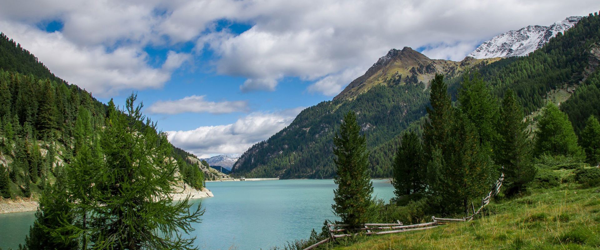 Lago artificiale circondato da prati rigogliosi e fitte foreste.