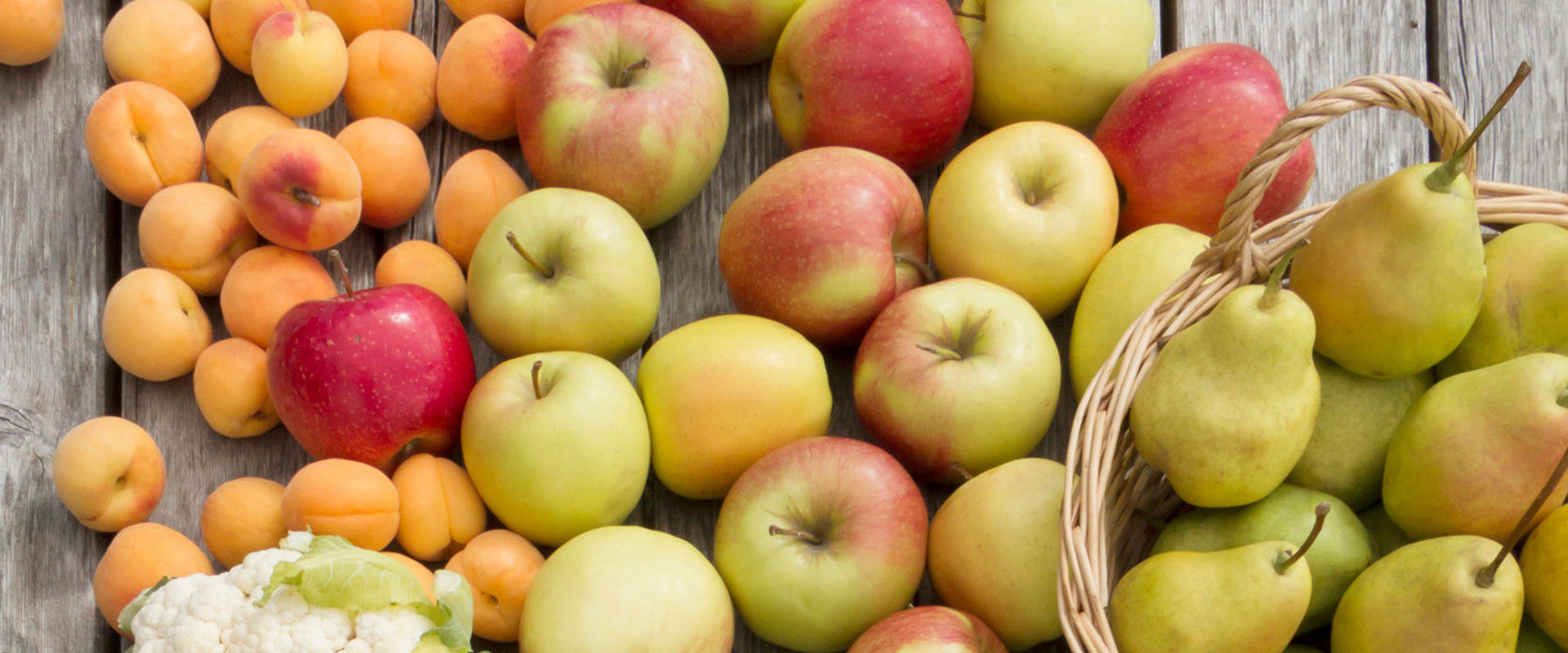 Prodotti di produzione propria Tavola piena di frutta, verdura, latte, miele e cereali.