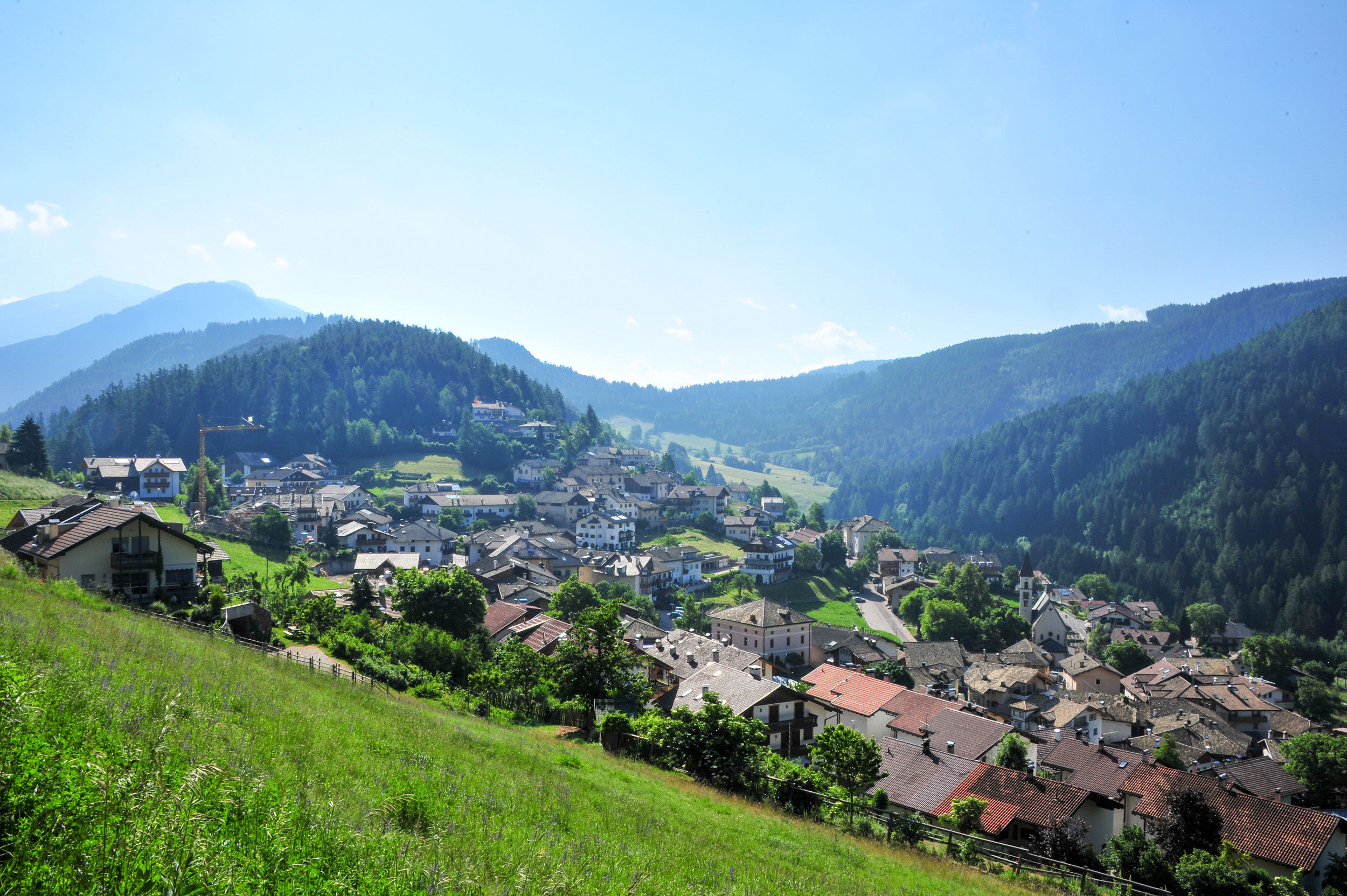 Vista su Trodena, immersa in un paesaggio dolcemente ondulato e circondata da fitte foreste.