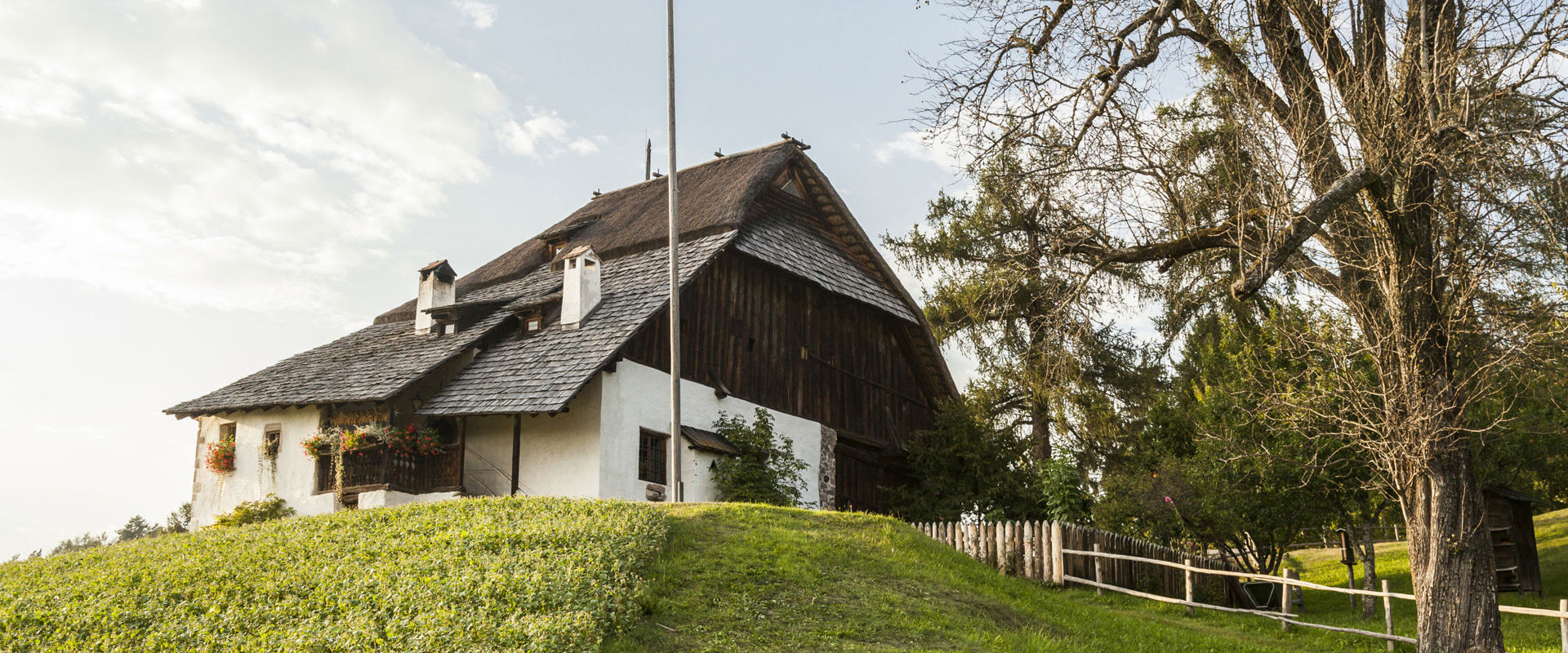Museo dell'apicoltura a Costalovara Antico edificio agricolo con bandiera altoatesina su una collina verde.