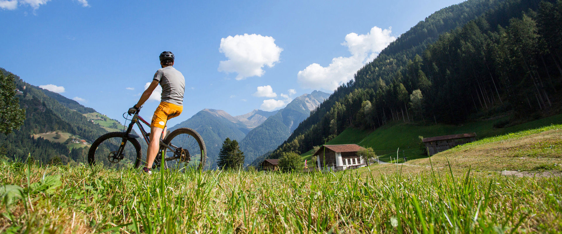 In montagna con la bicicletta. Un uomo siede su una bicicletta e guarda in lontananza le cime delle montagne.