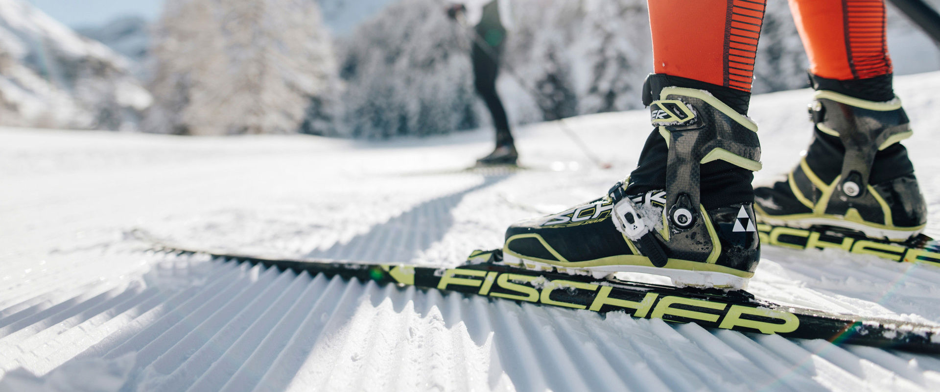Sciatori di fondo Focus sugli sci e le gambe di uno sciatore di fondo. Sullo sfondo si vedono la pista e un altro fondista.