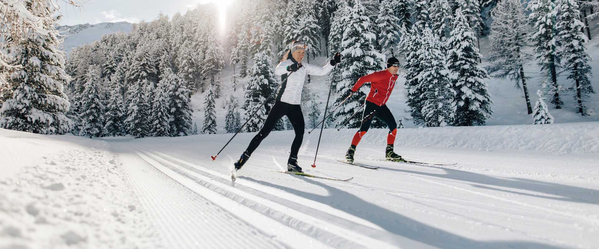 Sciatori di fondo 2 sciatori di fondo nel paesaggio invernale innevato.