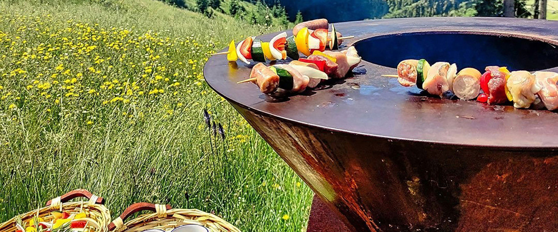 Barbecue è al centro del prato con degli spiedini sul fuoco.