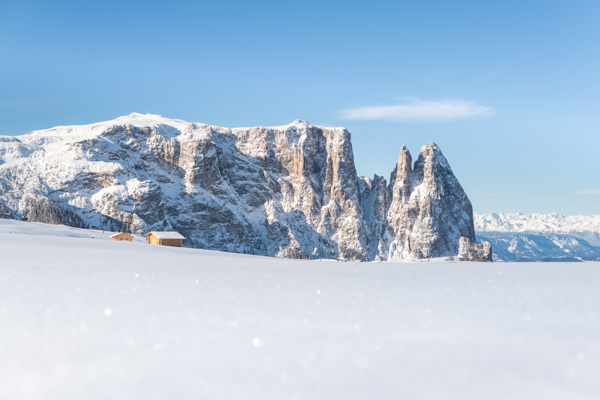 Il profilo roccioso innevato dello Sciliar sullo sfondo di un paesaggio innevato di un bianco scintillante
