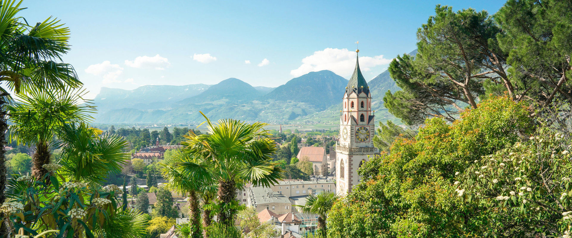 Merano Vista sul Duomo di Merano e sulla tipica vegetazione mediterranea.