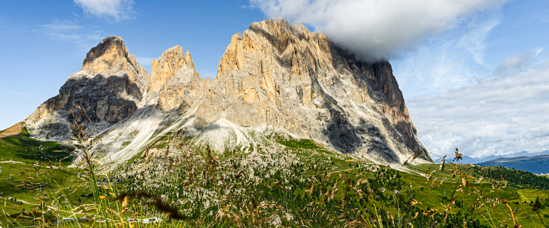 Sassolungo con prato alpino e nuvole