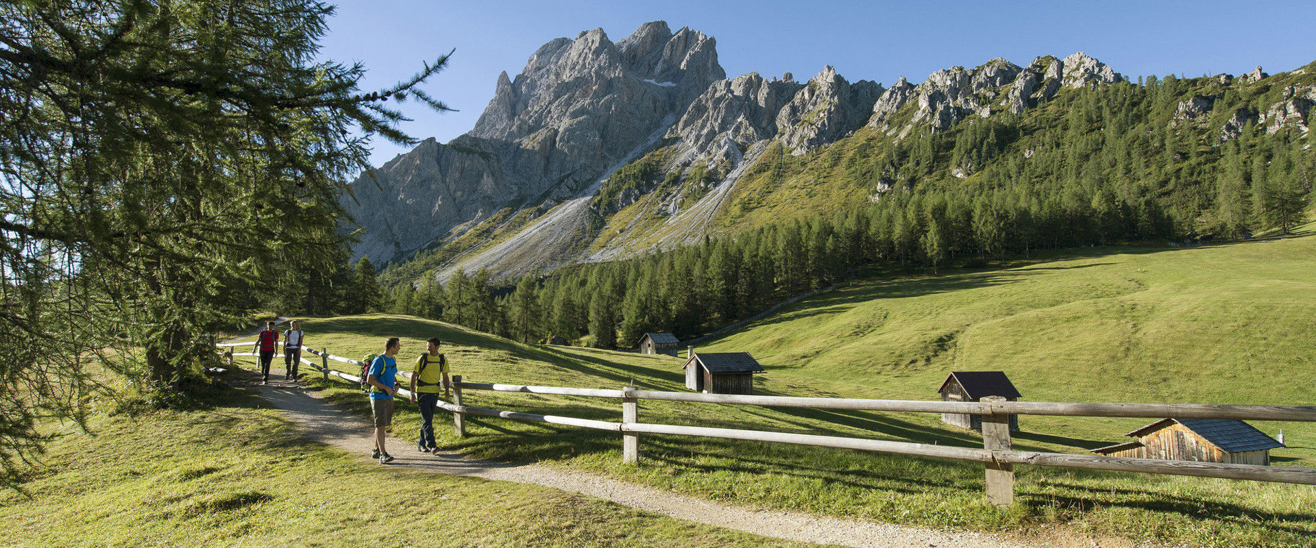 Escursionisti in malga a Sesto con panorama dolomitico