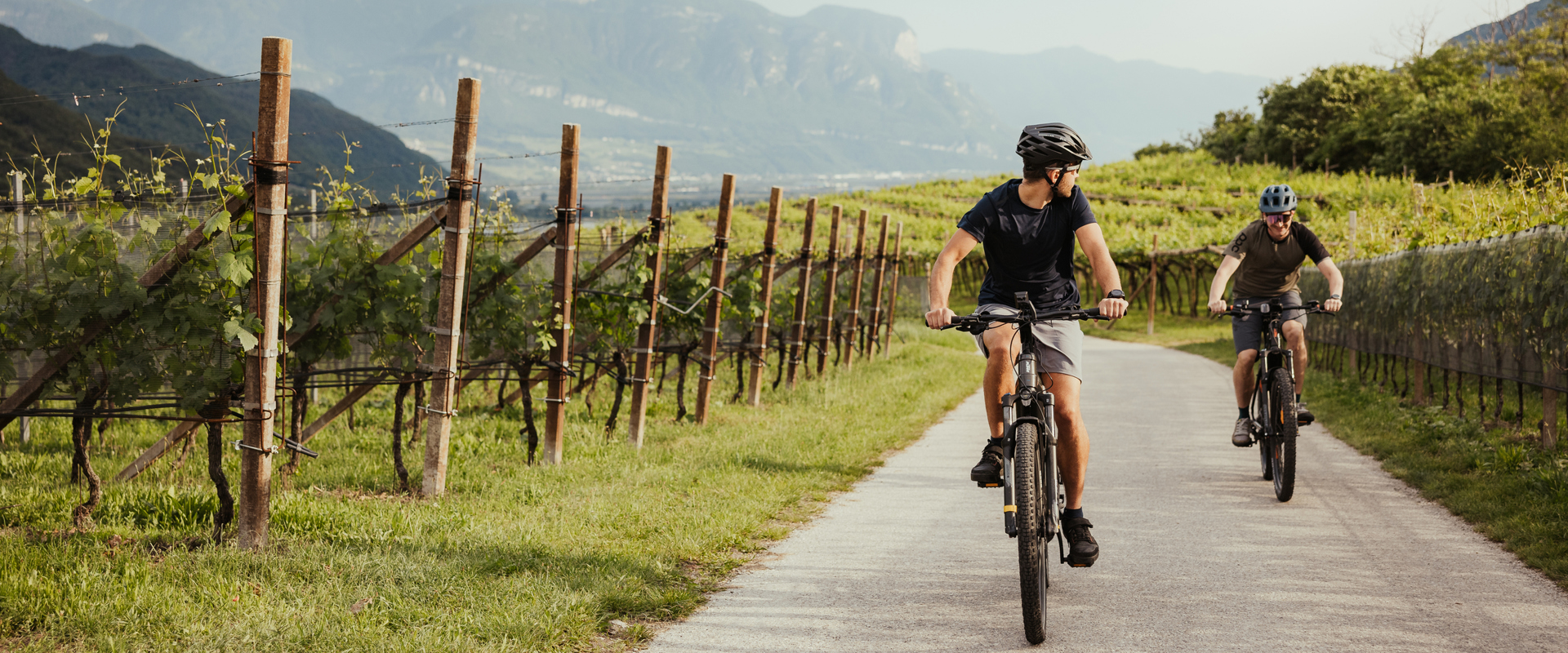 Tour in mountain bike in Alto Adige Due mountain biker sono in viaggio trai i vigneti.